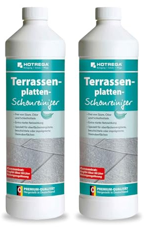 HOTREGA Terrassenplatten-Schonreiniger Konzentrat 2L | Steinreiniger Set | Pflege für beschichtete, imprägnierte & vergütete Steinflächen | Ohne Säure | Reicht bis 400 m² | Wirkt gegen Vogelkot