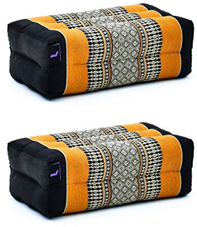 Leewadee set de 2 bloques de yoga pequeños – Cojines para pilates, almohadas para el suelo hechas a mano de kapok, 35 x 18 x 12 cm, set de 2, Negro Naranjo