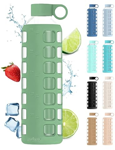purifyou Premium 40/32 / 22/12 oz Glass Water Bottles with Volume & Times to Drink, Silicone Sleeve & Stainless Steel Lid Insert, Reusable Bottle for Fridge Water, Milk, Juice (32oz Shale Green)