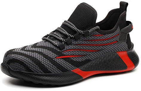 KTDYG Säkerhetsskor för män och kvinnor, arbetsskor S3, lätta sportiga skyddsskor, stålhätta, sneakers, röd, 44 EU
