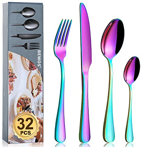 BEWOS Juego de cubiertos de acero inoxidable de 32 piezas, juego de cubiertos con cuchara arcoíris, cuchillo y tenedor, servicio para 8, apto para lavavajillas/fácil de limpiar, pulido espejo