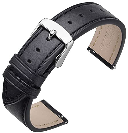 ANNEFIT Klockarmband, 17 mm, 18 mm, 19 mm, 20 mm, 21 mm, 22 mm - klassiskt, olja, vax, läder, snabbfrigörande, Svart/silverspänne, 21mm, Klassisk