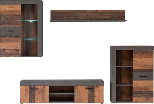 Newroom Wohnwand Betonoptik Altholz modern Anbauwand Wohnzimmer | Glasvitrine, TV Lowboard mit Schublade und offenem Fach, Highboard, Wandboard, Schrankwand, LED Beleuchtung möglich