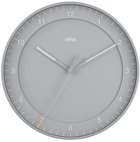 Braun Classic Große Analog-Wanduhr mit geräuschlosem Uhrwerk (kein Tickgeräusch), leicht ablesbar, 30 cm Durchmesser in Grau, Modell BC17G.