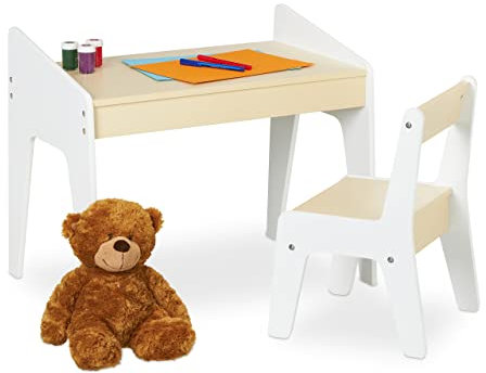 Relaxdays Kindersitzgruppe, Kindertisch Set, Tisch und Stuhl, Kindersitzkombination, für Jungen und Mädchen, beige-weiß