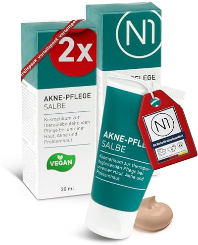 N1 Akne Pflege Salbe 60 ml - Getönte Pickel Creme, Antibakteriell | Akne Creme für das Gesicht, auch für empfindliche Haut - verfeinert das Hautbild, deckt Unreinheiten ab, pflegt intensiv