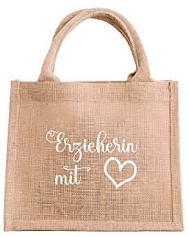 Jutetasche „Erzieherin mit Herz“ – als Dankeschön für die Erzieherin, Abschiedsgeschenk, Mottotasche. (Weiß)