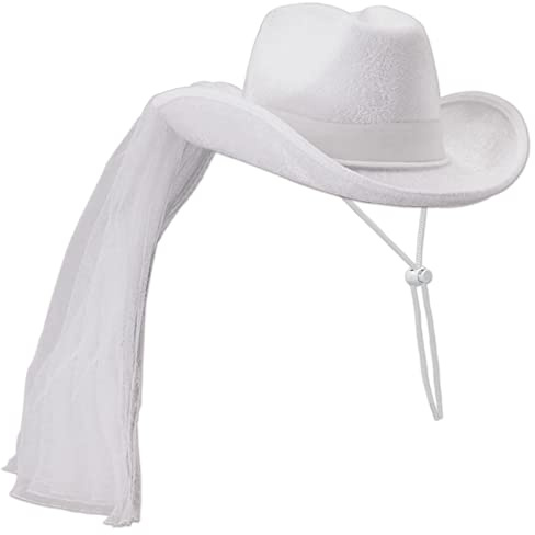 Beistle Western Bride’s Cowboy Hat & Veil – One Size Fits Most, Adjustable Chin Strap, Bachelorette Outfit for Bride, Bachelorette Veil for Bride, Novelty Bridal Shower Hat