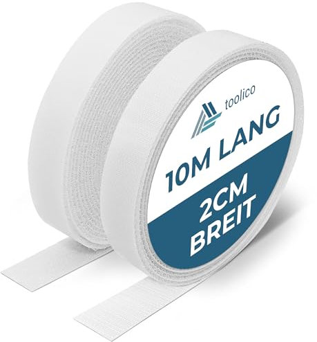 TOOLICO Klettband selbstklebend weiß 10m x 20mm – extra starkes doppelseitiges Klettverschluss-Set – 2 Rollen Haken- & Flauschband, zuschneidbar, hitzebeständig – für Teppiche, Möbel & Wohnmobil