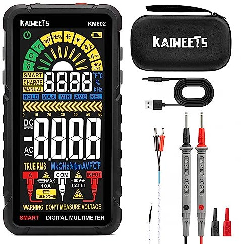 KAIWEETS Multimeter mit 6000 Zählungen, Wiederaufladbares Digitalmultimeter mit True RMS Auto-Range, Intelligentes Strommessgerät misst Spannung, Strom, Widerstand, Durchgang, Frequenz KM602