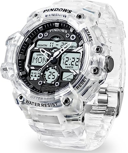 PINIDOUS Men's Digital Sports Watch - 7 Color LED Light Large Analog Display, Waterproof With 3 Alarms, Countdown, Stopwatch, Dual Time - Multi-Function Military Wrist Watch