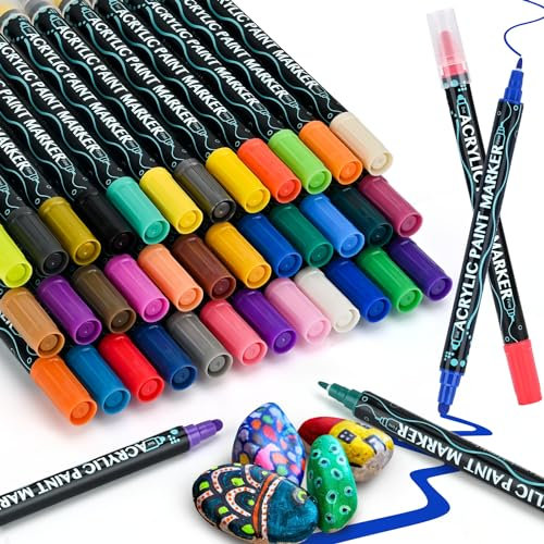 Sofore 36 Farben Acrylstifte für Steine 1-5mm Dual Tip Wasserfest Permanent Marker Stifte Steine Bemalen Multimarker für Glas Papier, Keramik, Leinwand, Basteln, Geschenkekarte