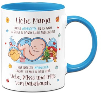 Tassenbrennerei Tasse - Liebe Mama dieses Weihnachten bin noch in deinem Bauch - Geschenk zur Schwangerschaft für Schwangere (Blau)