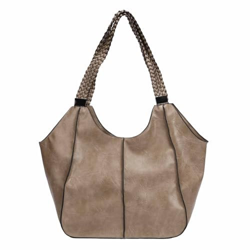 OBC Damen XXL Tasche Schultertasche Shopper Businesstasche Umhängetasche Workbag Henkeltasche Reisetasche FLECHTOPTIK Henkel Leder Optik Taupe