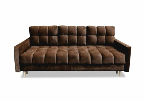 Meble Ares Stilvolles Sofa 3-Sitzer Rocco Mit Schlaffunktion und Bettkasten - Praktisches Ausziehbares Schlafsofa Mit Gesteppten Seiten - Holzbeine, Velours - Braun