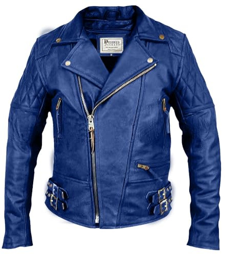 Men’s Leather Motorcycle Jacket Cafe Racer Classic Lapel Style Collar Lambskin Biker Brando Leather Jacket (L, Blue Real Leather Jacket)