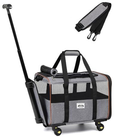 Lekespring Hunde Transportbox mit Rollen, Katzen Wagen für Transport, transporttasche Hund klein für Auto, Katzen Transport Box mit Teleskopgriff und Schulterriemen, Grau