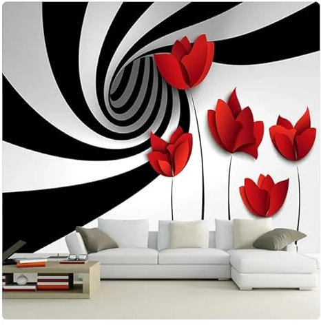 vsdhlsidgl Wandtapete Schwarz-weiß gestreifte Blumen Moderne 3D Abstrakte Geometrie Raum Wandmalerei Wohnzimmer Tapete * 200 cm x 140 cm (78,7 x 55,1 Zoll)