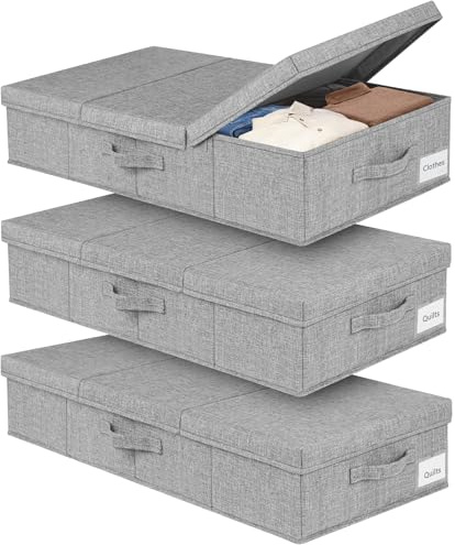 mepure 3 Pack 48L Underbed Storage, 79x40x15cm, Fabric Under Bed Storage Boxes with Lids, Large Foldable Clothes Storage Box W/Handle, Under Bed Storage Organiser for Clothes Blankets Shoes Toys, Grey
