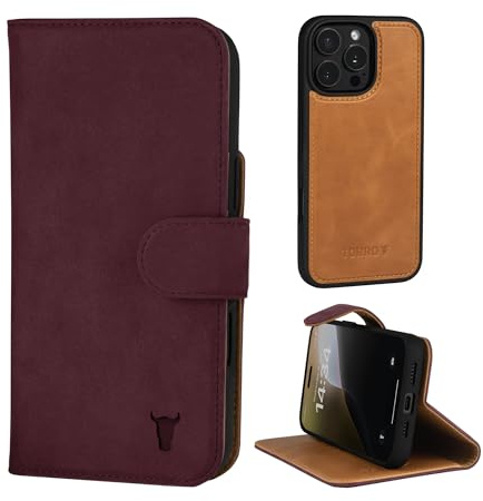 TORRO Nubuck Leather Case Compatible with iPhone 16 Pro – Bumper Case with Magnetically Detachable Wallet With Stand (Compatible with Official MagSafe Chargers) - Nubuck Maroon