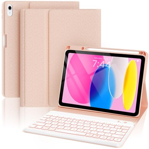 OYEEICE Keyboard Case for iPad A16 11th Gen 2025/10th Gen 2022 | 7 Color Backlit Wireless Detachable Keyboard for iPad 11/10th with Pen Holder (Pink, Classic Style)