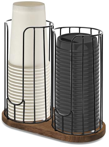 Tanggiteck 2-Compartment 18oz Coffee Cup Dispenser Rack with Wood Base, Disposable Cup, and Lid Organizer for Countertop - Perfect for Paper Cups, and Lid Organizer