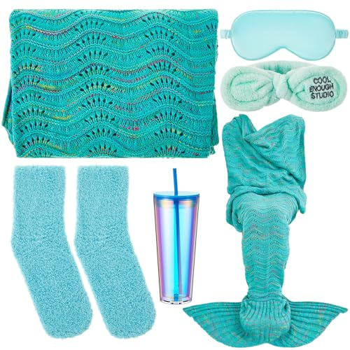Daifunli Mermaid Gifts for Women, 5pc Gift Box with 75 x 35 Mermaid Tail Blanket, Socks, Eye Mask, Hairband, Double Layer Water Cup Birthday Gifts with Crochet Comfort Blanket for Mom Wife Friends