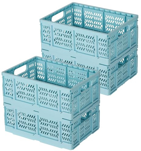 PAG-Mass Lot de 4 caisses de rangement pliables pour l'organisation, caisses à lait empilables en plastique avec poignée, panier de rangement pliable robuste pour étagères (bleu brume, lot de 4)