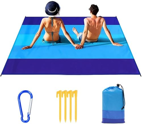 Ryvera Tapis de Plage 210 x 200cm, Natte de Plage, Couverture de Plage Imperméable avec 4 Piquets, Portable Serviette de Plage Anti Sable, Drap de Plage pour Picnic Plage Camping Parc Voyage Randonnée