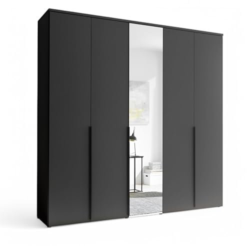 Stella Trading KEVO Kleiderschrank mit Spiegeltür in Graphit - Vielseitiger Drehtürenschrank 5-türig für Ihr Schlafzimmer - 225 x 225 x 52 cm (B/H/T)