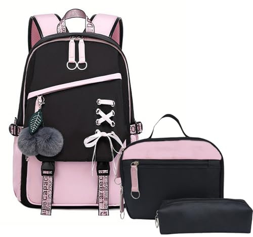 School Backpack for Girls Color-block School Bag with Lunch Box Pencil Case Set 3PCS Girls Backpack for School Kids Bookbag with USB Charging Port