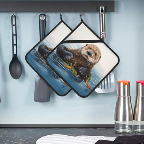 Sea Otter Pot Holders 2 Pack Heat Resistant Potholder with Pocket Multipurpose Hot Pads Washable Oven Mitts Cooking Pads Large Coasters Trivets for Kitchen 8 X 8 Inches