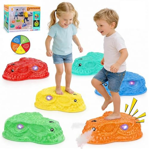 Dqoetort 6 Pcs Dinosaur Spray+Sound & Light Up Stepping Stones Kit for Kids,Non-Slip Sensory Balance Stones Can Play in Indoor & Outdoor,Promoting Children's Balance and Coordination