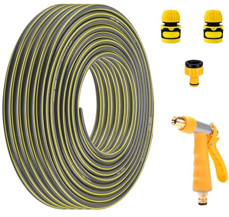 Hose Pipe Spray Gun Set, 1/2 Hose Connector (Yellow 33FT) | PVC Durable Thickened Hose Pipe with Water Guns Fittings for Garden Irrigation Dog Sprinklers Car Washing Watering