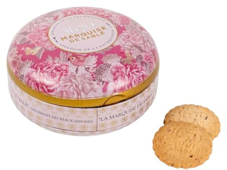 Marquise de Sablé | Confezione in metallo di Biscotti, 175 di sablés francesi al burro con pepite di Albicocca | Prodotti in modo tradizionale nei Paesi della Loira | Selezione 18 Carati