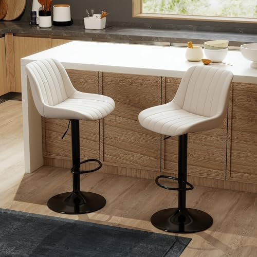 Youhauchair Barhocker 2er Set, Drehbare Barhocker mit Lehne, Beige | 20 cm Höhenverstellung, Ergonomisch gebogener Sitz, trägt bis zu 150 KG, PU-Leder, mit Lehne, 360°-Drehung