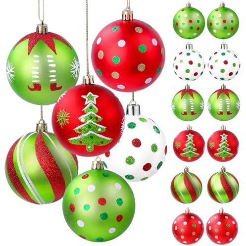 Celltestria 18pcs Christmas Balls Ornament 2.4 Inch Red Green Glittering Hanging Christmas Balls for Tree Swirl Candy Cane Polka Dots Christmas Tree Baubles for Home Indoor Holiday Party Decor