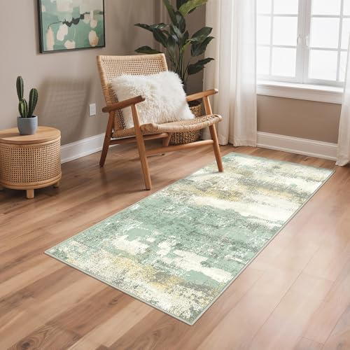 BEIMO Moderner Läufer Teppich 80x150 cm, Waschbar & rutschfest, Grün | Abstrakt Design, Kurzflor Klein Carpet, Rutschfest, Für Eingang, Flur und Bettvorleger Schlafzimmer, Pflegeleicht