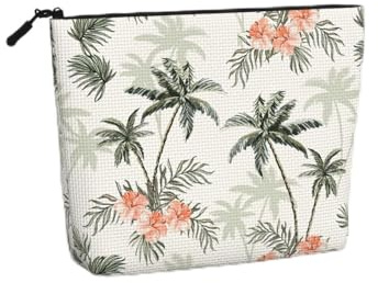 Large Capacity Tropical Palm Trees Print Fake Hemp Makeup Bag,Toiletry Bag,Travel Bag Pouch with Zipper.