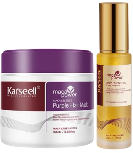 Karseell MACA CARE SYSTEM Set Lila Hårmask Anti Gula Toner 100ml + Arganolja Karité Serum 50ml Återfuktande Reparerande Anti Friss Professionell Blond Grått Avfärgat Hår Resestorlek Sulfatfri