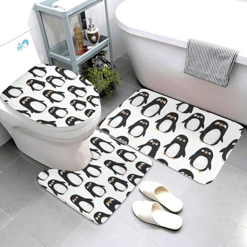 Nevjipu Set di 3 tappeti da bagno con stampa di pinguini, assorbenti e lavabili, a forma di U, morbidi tappetini da doccia per WC e vasca da bagno