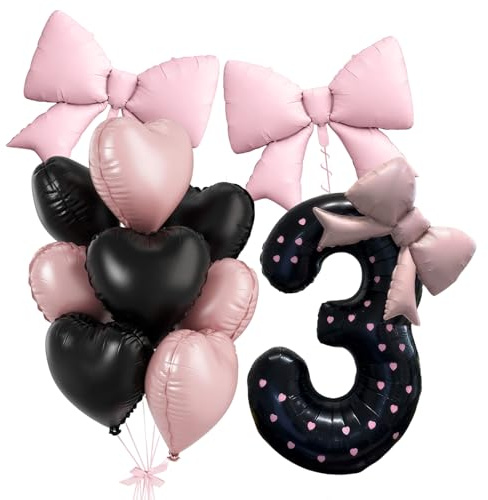 Ballon Cœur et Nœud, 11 Pièces Décorations d'anniversaire Rose Noir, Mignon Ballons en Aluminium - Motif Cœur, Nœud et Chiffre 3, Décorations de Fête sur le Thème des Nœuds pour Anniversaire (3)