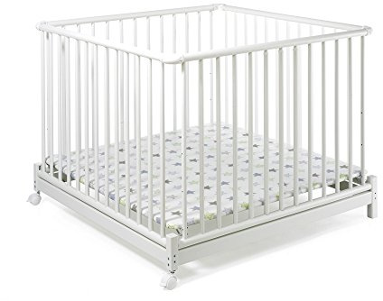 Geuther - Laufgitter Euro-Parc +, TÜV geprüft, höhenverstellbar, klappbar, geposlterter Boden, Schlupfsprossen, Teppichrollen, groß, 97 x 97 cm, weiß, Sterne 2