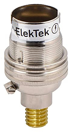 ElekTek Unswitched Lamp Holder Nickel B22 BC Bayonet Cap & Shade Ring with CNC Solid Brass 7/16th Screw-in Wood Mount - Made in UK
