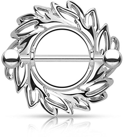 Paula & Fritz® Brustwarzen-Piercing Brustpiercing Frau Maenner Intimpiercing Mann Nippelpiercing Silber Gelbgold Roségold Schild Blätterkranz Edelstahl Chirurgenstahl 316L K17675_ST