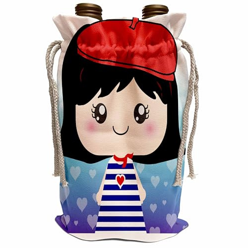 3dRose Cute Kawaii Cartoon French Girl Doll in traditional France Paris Blue Stripe Dress red beret hat Wine Bag