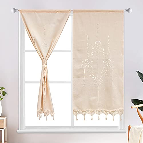 choicehot Beige Baumwolle Leinen Stickerei Küche Vorhang, Cafe Vorhang, Crochet Tassel Border,Landhausstil Vintage Wohnzimmer Schlafzimmer Bistrogardinen,Scheibengardine,H150 x B70 cm 2er Set