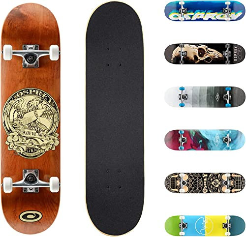 Osprey Komplettes Skateboard, 78,7 x 20,3 cm, Doppel-Kick-Skateboard für Kinder und Erwachsene, konkaves Deck, inklusive Griffband, Deck und Rädern, in Sk8 We Trust Multiple Designs, Braun