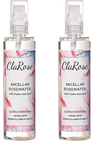 ClaRose Micellar Water with Hyaluronic Acid and 100% Natural Vegan Rosewater, 300 ml, (Pack of 2)