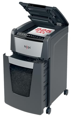 Rexel Optimum AutoFeed+ 225M Automatischer Aktenvernichter, 225 Blatt automatisch, Sicherheitsstufe P5, Mikroschnitt, für Büros und Abteilungen, 60 Liter Abfallbehälter, mit Lenkrollen, 2020225MEU | Auffangvolumen 60 l, Mikroschnitt, 8 Blatt